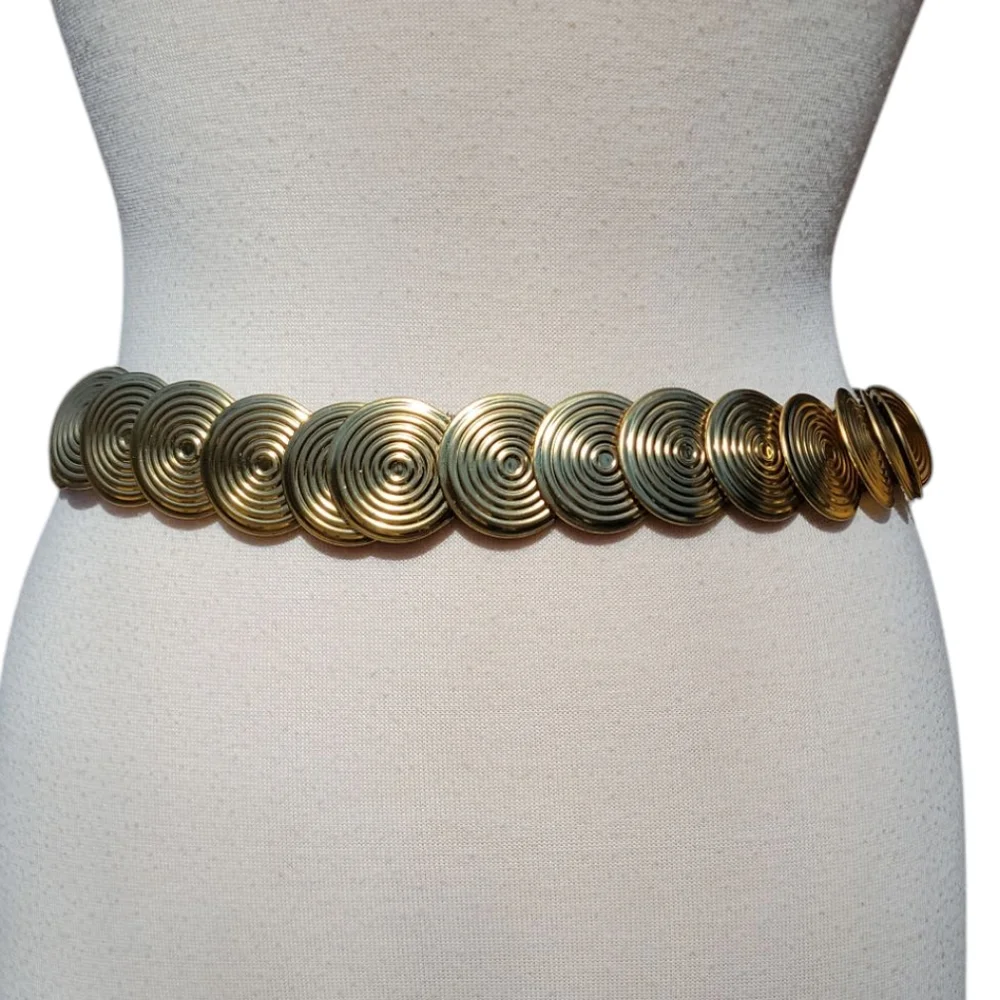 Vintage Gold Tone Disc Stretch Belt | Mod Disco Glam Statement Waist Belt - Picture 12 of 12
